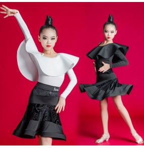 Girls kids white black lace latin dance dresses boat neck ballroom salsa rumba latin stage performance costumes for children